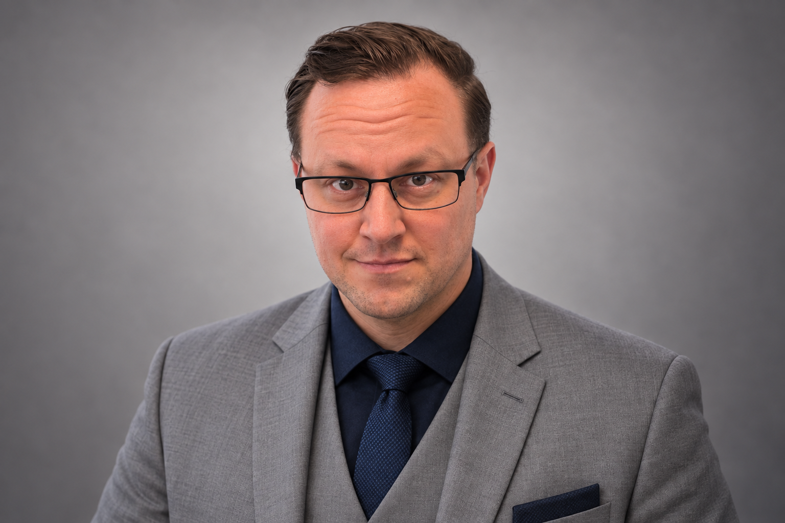 Christopher Law in a gray suit